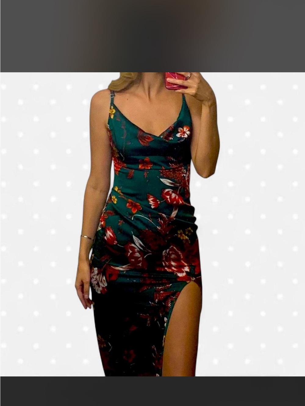PrettyLittleThing Teal Green Floral Satin Midi Slip Dress with Side Thigh Slit